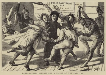 Rom, masker, der omgiver en præst ved karnevallet